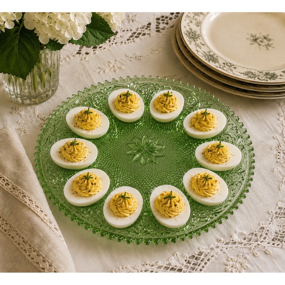 Vtg Indiana Tiara Glass Chantilly Green Deviled Egg Plate Sandwich Pattern 12"
